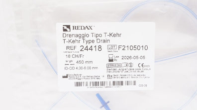 Redax 24418 Drenaggio Tipo T-Kehr Type Drain 18CH/Fr x 450mm, ID-OD 4.00-6.00mm